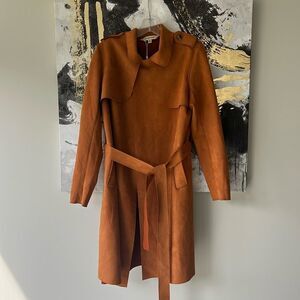 Faux suede Casual Jacket Fashion Beauty Lapel Neck Belted Coat  brown medium